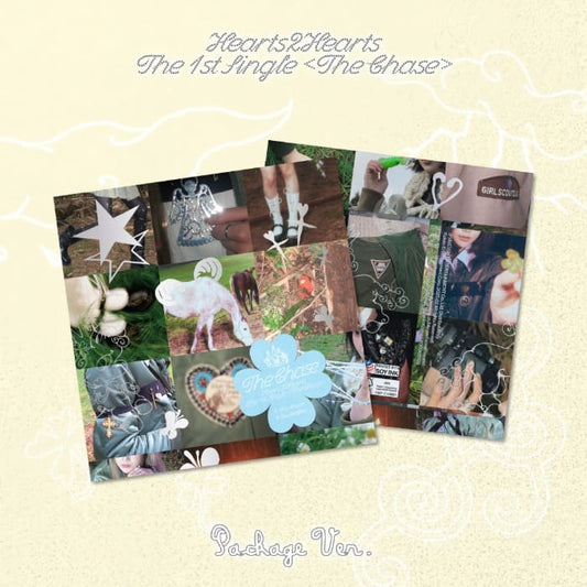 Hearts2Hearts 1st Single Album THE CHASE (Package ver.) with Photobook, CD-R, Lyrics poster, Paper crown template, Sticker, Pin badge, Printed photo, Polaroid, Postcard, Photocard, Group photocard.