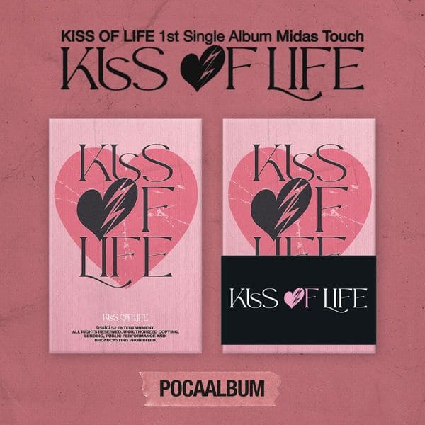 KISS OF LIFE 1st Single Album 'Midas Touch' (POCA ALBUM VER.) with Photo stand package, QR Card, Sticker, Photocard, Unit photocard, User guide, Digital contents.