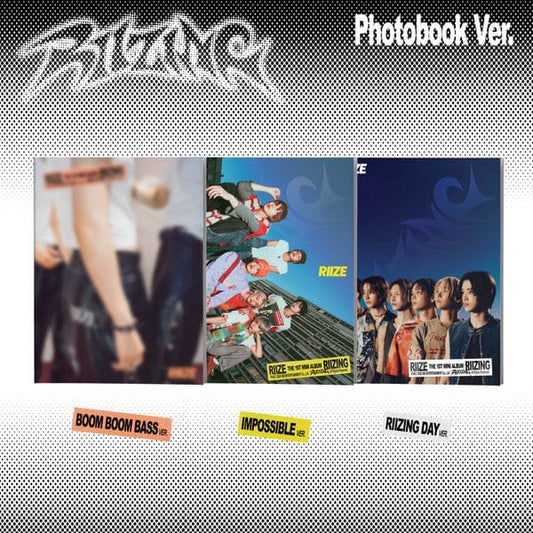 RIIZE 1st Mini Album RIIZING PHOTOBOOK VER. (BOOM BOOM BASS / IMPOSSIBLE / RIIZING DAY VER.) with Photobook, CD-R, Sticker, Photoprint, Folded poster, Photocard.