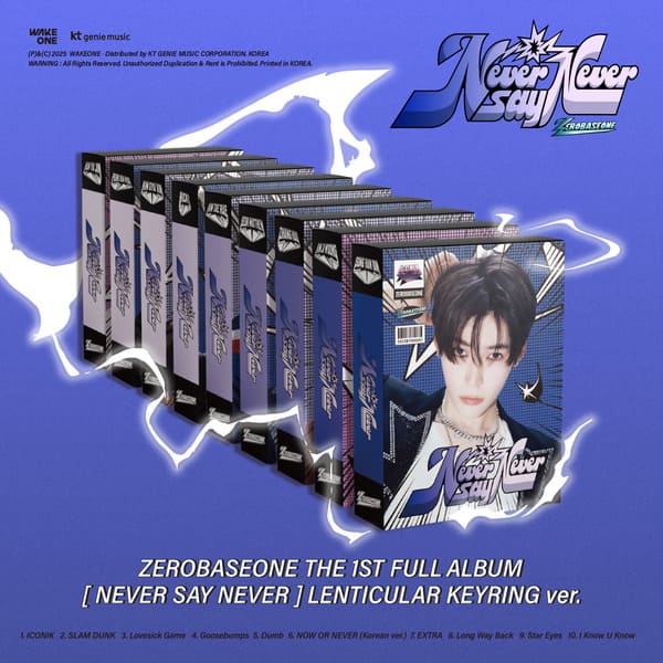 ZEROBASEONE 1st Full Album NEVER SAY NEVER LENTICULAR KEYRING VER. (SUNG HAN BIN / KIM JI WOONG / ZHANG HAO / SEOK MATTHEW / KIM TAE RAE / RICKY / KIM GYU VIN / PARK GUN WOOK / HAN YU JIN VER.) with Lenticular keyring, Photocard, QR Card.