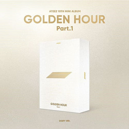 ATEEZ 10th Mini Album GOLDEN HOUR : PART.1 (DIARY VER.) with Invitation, Photo frame, Postcards, Photobook, Photocards, Bookmark, Sticker.