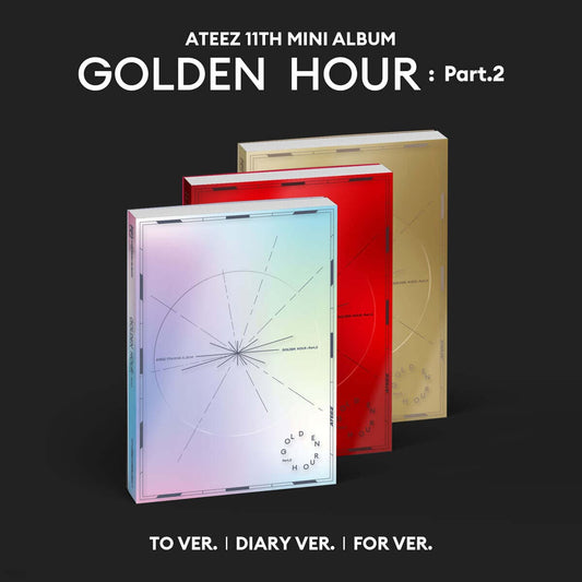 ATEEZ 11th Mini Album GOLDEN HOUR : PART.2 with Photobook, Photocards, Sticker, Photo frame, Postcards, Folded poster.