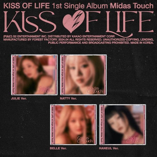 KISS OF LIFE 1st Single Album 'Midas Touch' JEWEL VER. (JULIE / NATTY / BELLE / HANEUL VER.) with Jewel case, Photobook, CD-R, Photocard, Square card.
