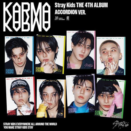 Stray Kids 4th Full Album KARMA ACCORDION VER. (BANG CHAN / LEE KNOW / CHANGBIN / HYUNJIN / HAN / FELIX / SEUNGMIN / I.N VER.) with Photobook, CD-R, CD Envelope, Lyrics book, 2-Cut Photo, Photocard.