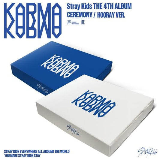 Stray Kids 4th Full Album KARMA (CEREMONY / HOORAY VER.) with Photobook, CD-R, Photocard, Photo postcard set, Removable sticker, Mini poster, Player ticket set.
