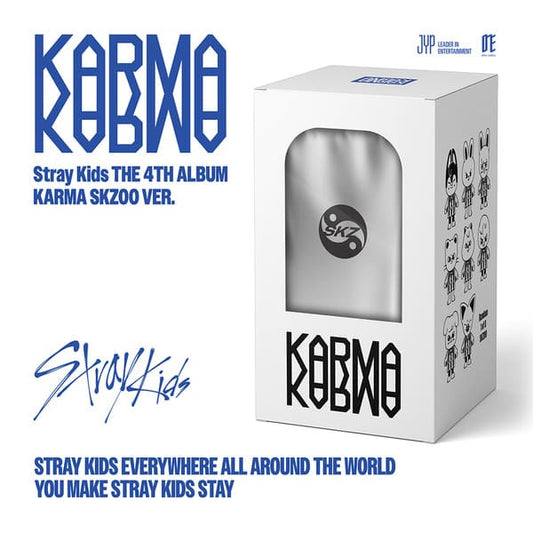 Stray Kids 4th Full Album KARMA SKZOO VER. (WOLF CHAN / LEEBIT / DWAEKKI / JINIRET / HAN QUOKKA / BBOKARI / PUPPYM / FOXI.NY VER.) with SKZOO Keyring, Acrylic NFC Charm, Photocard, SKZOO Profile card.